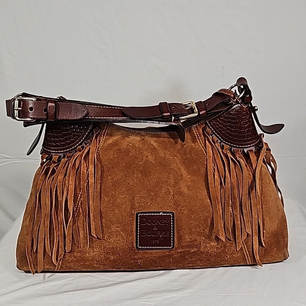 Dooney & Bourke Brown Suede Fringe Hobo with Dark Brown Leather Trim